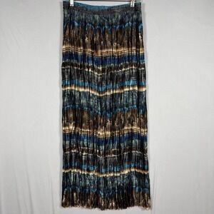 Vtg 90s Y2K Broomstick Maxi Skirt Large Striped Blue Brown Pleated Boho Hippie